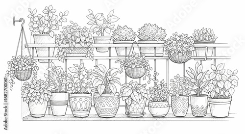 Artistic line drawing showcasing various potted plants on a balcony shelf
