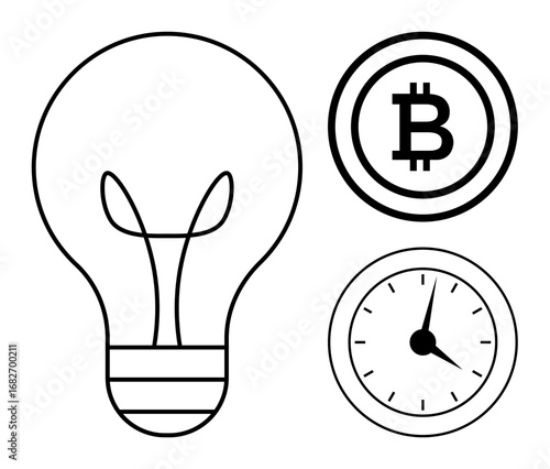 Light bulb representing ideas, Bitcoin logo symbolizing cryptocurrency, and clock denoting time management. Ideal for innovation, finance, technology, productivity, planning, creativity abstract