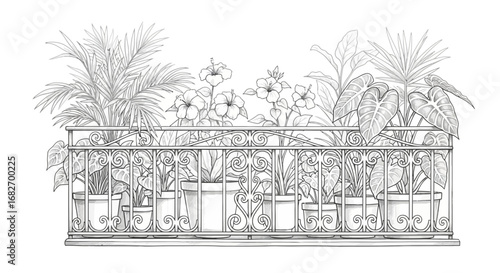 Balcony garden illustration with hibiscus, palms, and decorative railing