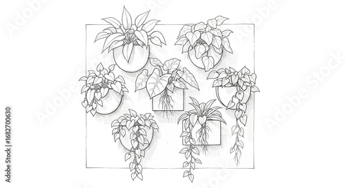 Botanical wall display featuring hanging potted plants line drawing illustration