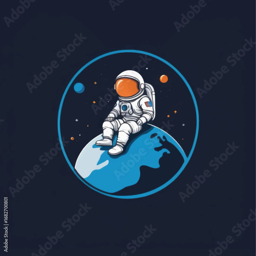 Relaxed Astronaut Sitting on a Blue Planet with Orange Visor and American Flag