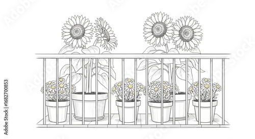 Charming Balcony Scene with Sunflowers and Daisies in Potted Plants Illustration