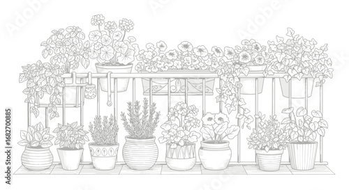 Charming balcony with potted plants monochrome illustration, decorative plants