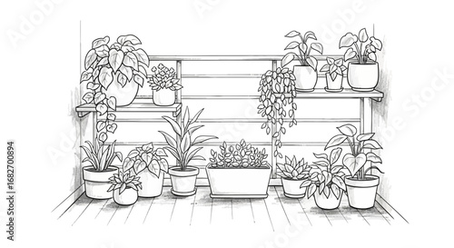 Charming black and white sketch of a balcony adorned with diverse potted plants