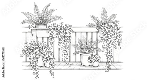 Charming monochrome illustration of a balcony with lush greenery, potted ferns