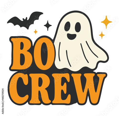 Retro ghost and bat Halloween graphic with B O C R E W text boo crew