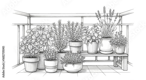 Charming monochrome illustration of an indoor herb garden on a balcony