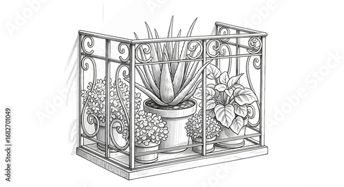 Charming illustration of potted plants behind a decorative iron railing