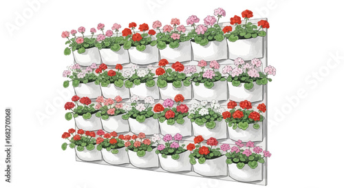 Charming vertical garden with geraniums in vibrant hues adorning a white wall