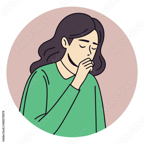 Vector art of woman coughing into her hand, feeling unwell, illustration of sickness and health issues