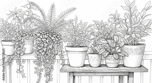Decorative line art illustration of various potted houseplants display indoors