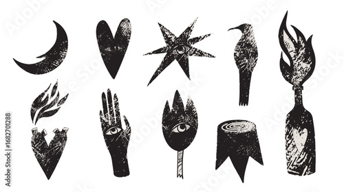 Vector set of neofolk elements. Hand-drawn mystical symbols with a rough, distressed texture. Inspired by paganism and old fairy tales.