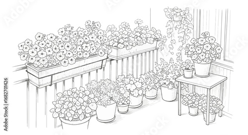 Delightful balcony adorned with potted plants and flourishing flowers sketch