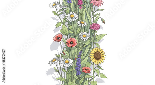 Delicate Wildflower Border Illustration with Daisy, Poppy, Sunflower and Bluebell