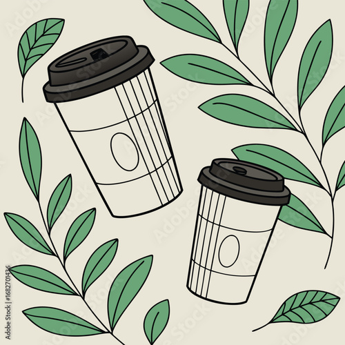 Vector art of two disposable coffee cups with black lids surrounded by green leaves on a light beige background