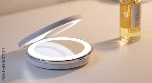 Wallpaper Mural Compact, round, illuminated vanity mirror.  Opens to reveal a magnified mirror.  Soft, ambient light.  Surfaced with a smooth, white finish Torontodigital.ca