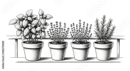 Detailed monochrome drawing of herbs in pots on a shelf arrangement