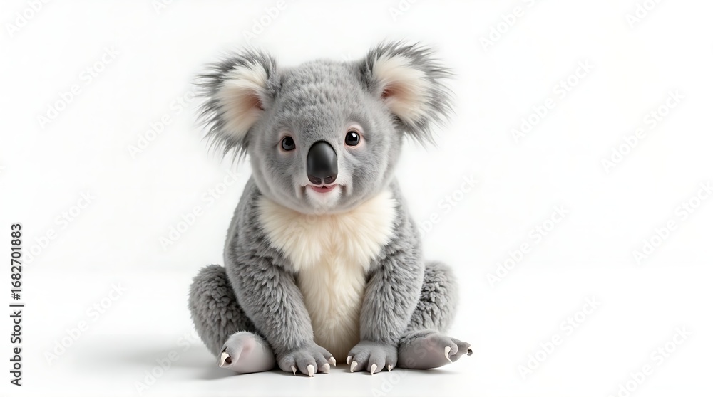 Fototapeta premium Cute Baby Koala with Soft Fur Posing on a Clean White Backdrop