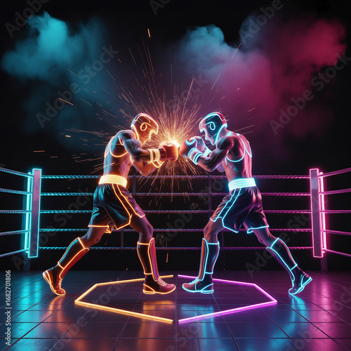 Neon boxing match Two futuristic fighters clash in a vibrant ring showcasing strength agility and the intensity of combat sports with dynamic lighting.
