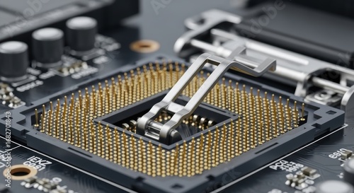 Close-up of cpu socket with pins and lever mechanism on black circuit board
