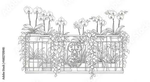 Elegant balcony adorned with flourishing orchids and cascading foliage design