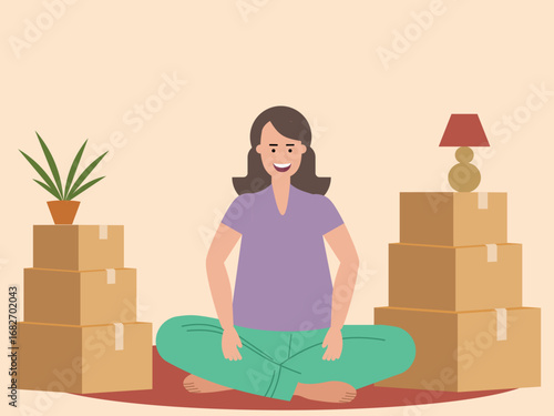 Young woman sitting on the floor surrounded with boxes. Moving in or out concept