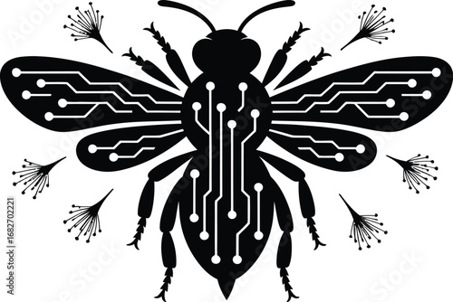Futuristic bee drone with integrated circuitry for pollination silhouette