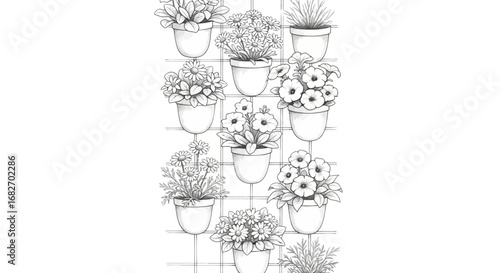 Elegant grayscale line art of potted flowers on a trellis backdrop