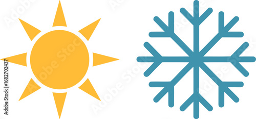 Contrasting icons of sun and snowflake symbolize weather and temperature changes