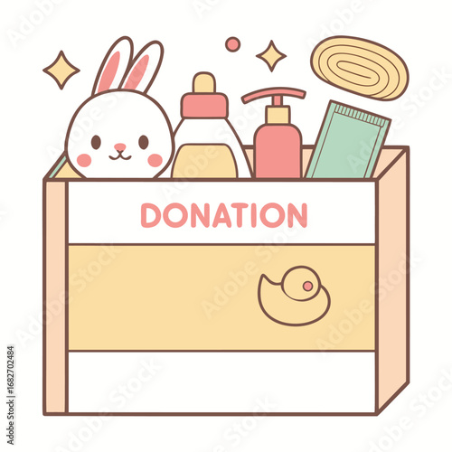Vector art of cute cartoon illustration of a donation box filled with baby care items, including a bunny toy, bottles, and a rubber duck, isolated on a