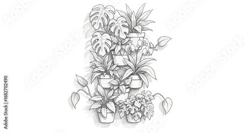 Elegant line art illustration showcasing potted plants, bringing nature indoors