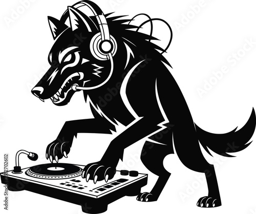 Wolf dj with headphones playing music banner advertisement silhouette