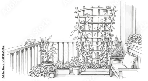 Elegant monochrome balcony scene with thriving plants and charming birds