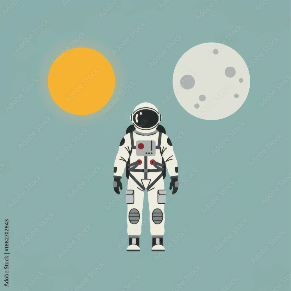 Fototapeta premium Astronaut Standing Between Sun and Moon in Space Flat Illustration