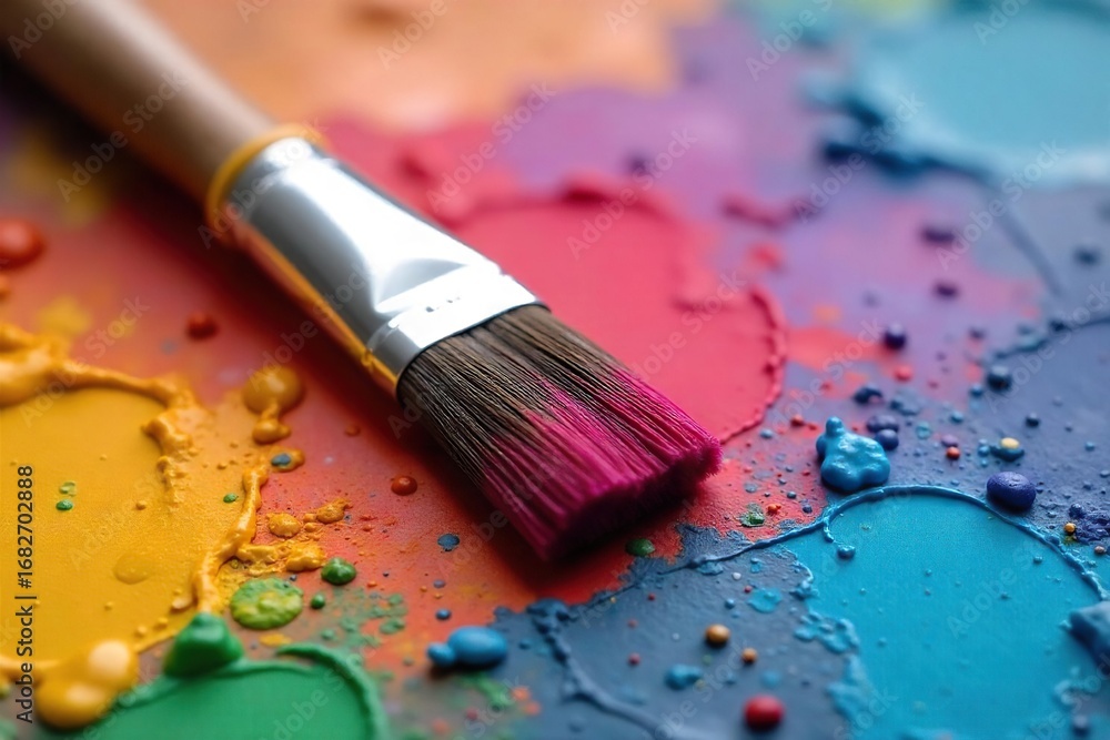 Fototapeta premium Close-up of a paintbrush resting on a painter's palette, bristles softly textured, vibrant paint colors visible Ready for the next stroke of artistic creation , oil paint, watercolor, paintbrush