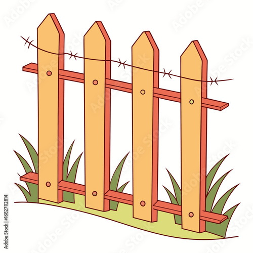 Vector art of a simple wooden picket fence with barbed wire on top, surrounded by green grass, isolated on a