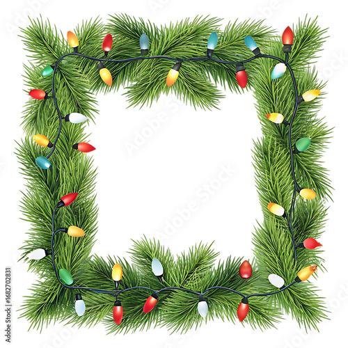 Square christmas wreath with colorful lights isolated on transparent background
