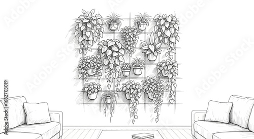 Elegant sketch of interior design featuring houseplants on grid paneling
