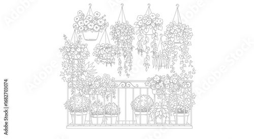 Elegant sketched balcony adorned with cascading and potted botanicals collection