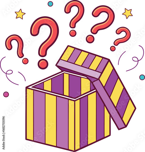 Vector art of mystery box with question marks above it, symbolizing surprise and curiosity