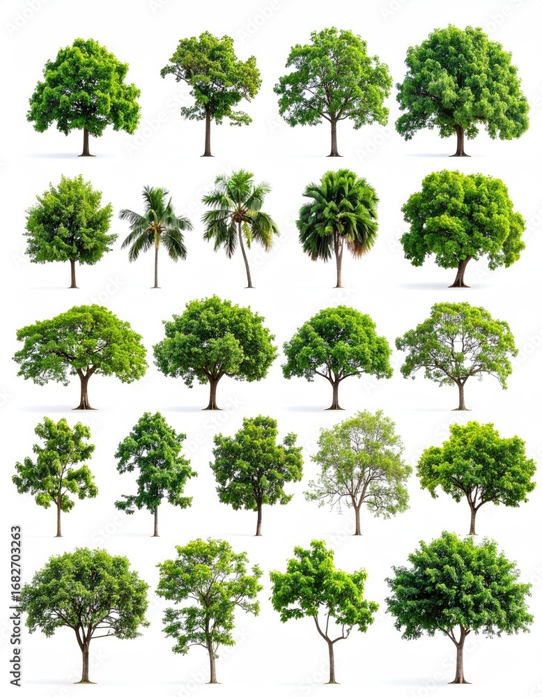 Fototapeta premium Collection of verdant, diverse trees with varied shapes and foliage against a stark white backdrop, neatly arranged in rows and columns, isolated, natural