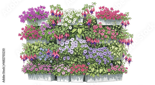 Exuberant vertical garden bursting with colorful flowers in containers