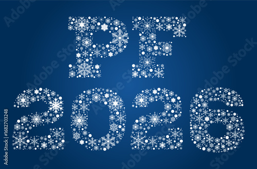 Inscription PF 2026 from white snowflakes on blue background