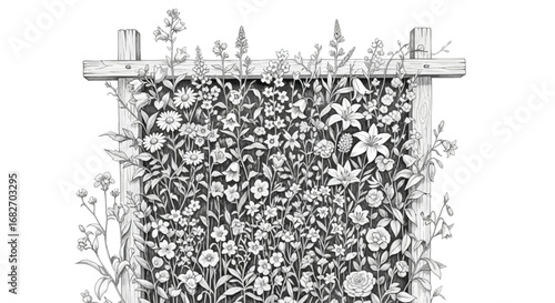 Floral tapestry behind a rustic wooden frame, monochrome botanical drawing