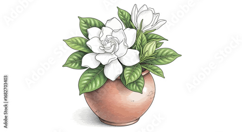 Hand drawn illustration of white gardenia flowers in ceramic pot