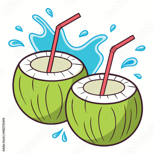 Vector art of two refreshing green coconuts with red straws and water splashes