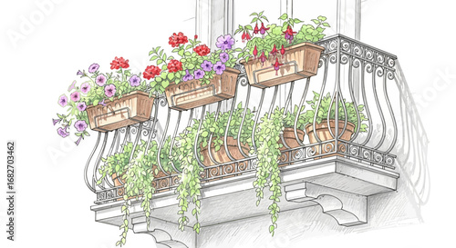 Hand-drawn balcony illustration with vibrant potted flowers and greenery