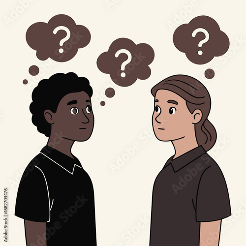 Vector art of two people of different ethnicities looking at each other with question marks above their heads, symbolizing confusion or doubt