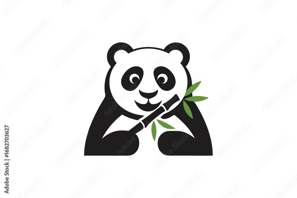 Naklejka premium Cartoon Panda Holding Bamboo on a White Background Simple and Minimalist