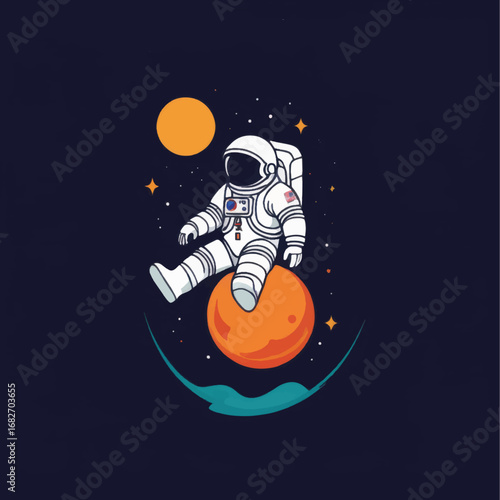 Cartoon Astronaut Relaxing on Orange Planet with Stars and Crescent